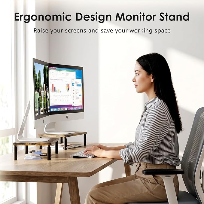 ECOLOVI Adjustable Wood Computer Monitor Stand Riser for Desk, Office Desk Organizer and Accessories for Monitor, Laptop, PC, Printer, Office Desk Accessories Workspace Organizer for Home Office Supplies, Brown 2-Pack