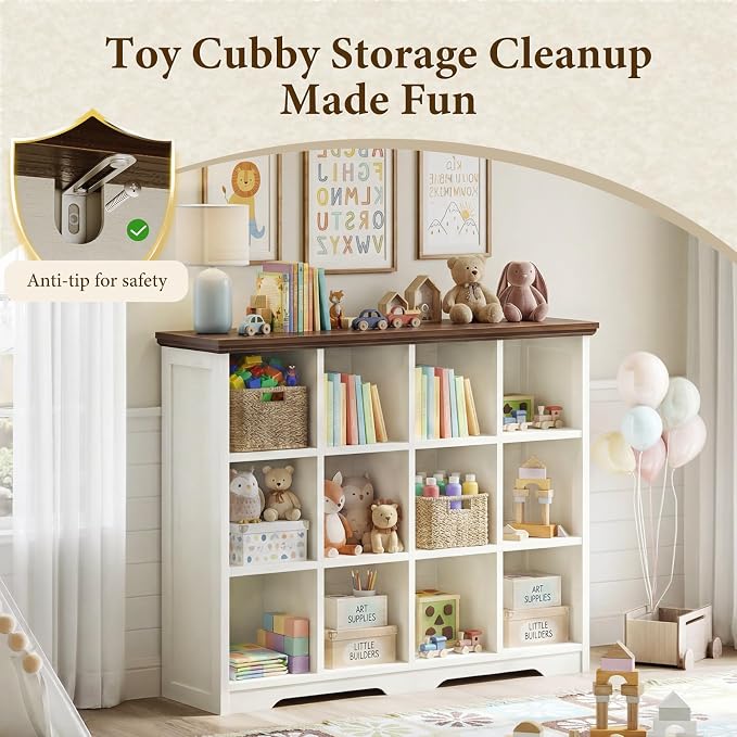 OffiGo 12 Cube Organizer Bookcase, Cube Shelf with Storage, Walnut + White | Modern Farmhouse Design, Open Cube Storage for Books & Decor, Display Shelf, Living Room, Bedroom, Home Office, Entryway