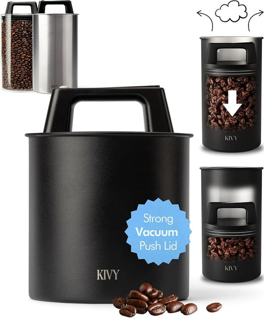 KIVY Vacuum Coffee Canister - Push Lid Preserves Aroma & Oil - Stainless Steel Airtight Container for Ground & Bean Storage - Removes Excess Air