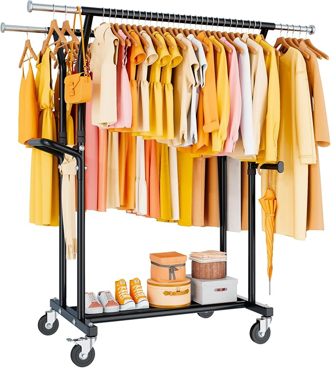 800LBS Heavy Duty Clothes Rack: Rolling Clothing Rack for Hanging Coat Double Rods Portable Wardrobe Garment Racks with Wheels Shelf Sturdy Metal Adjustable Bedroom Laundry Living Room (Brown)