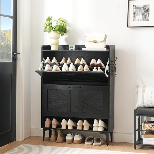 MAHANCRIS Shoe Storage Cabinet, Shoe Organizer with 2 Flip Drawers, Hidden Shoe Storage for Entryway, Freestanding Shoe Cabinet Organizer with Open Storages, Black SHHB9401