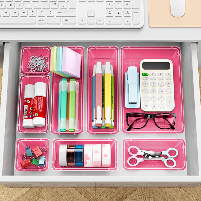 12 PCS Drawer Organizer Set, Makeup Organizers, Tool Storage Trays, Pink | 4 Sizes, Plastic, Stackable, Multiple Gadgets, Desk Drawer Divider Organizers, for Makeup, Office Supplies Storage