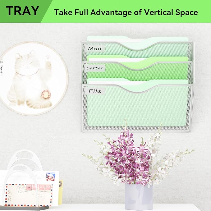 3 Pockets Hanging Wall File Organizer Mail Holder, Wall Mounted Paper Document Folder Holder, Clipboard Storage Organization Magazine Rack, Silver