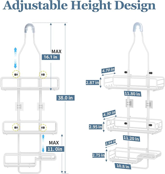 Skyapex Shower Caddy Hanging Bathroom Organizer: Over Head Adjustable Rack for Tall Showerhead - Extra Large Storage Shelf for Big Shampoo Bottles with Soap Holder (White)