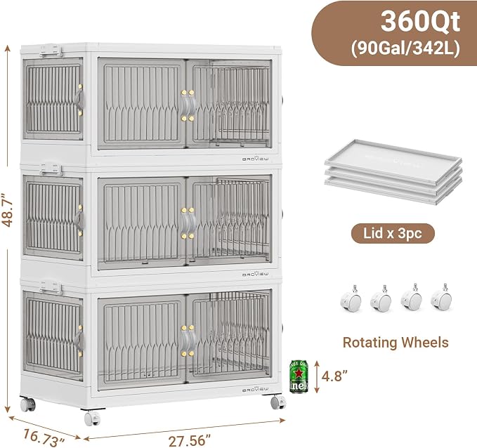 BROVIEW 360Qt Stackable Storage Bins with 3 Lids, Front and Side Open Doors, Plastic Collapsible Closet Organizer and Storage Cabinet, Foldable Box with Wheels Drawer for Home Office, 3Pack White