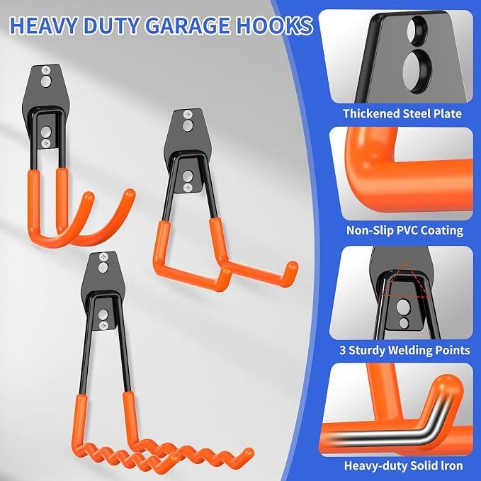 Heavy Duty Garage Hooks 18 Pack, Utility Steel Wall Mount Hook | Garage Storage Hooks with Non-Slip PVC Coating for Bike, Ladder, Tools, Hose & Garage Organization