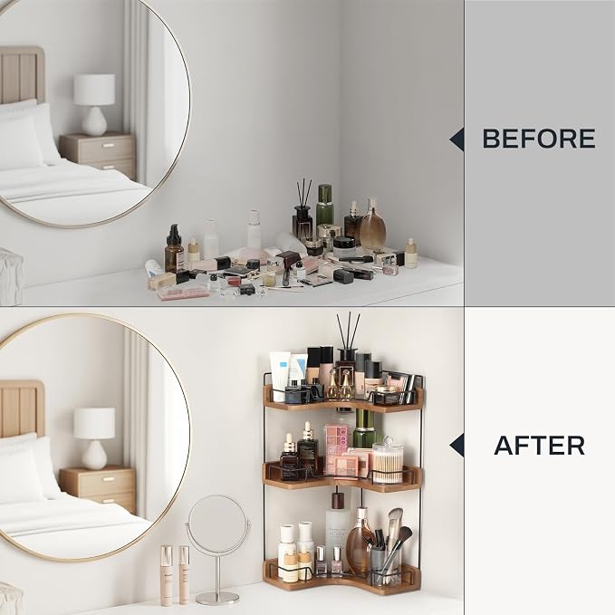 3-Tier Bathroom Counter Organizer, Wooden Corner Shelf for Vanity Countertop Skincare & Makeup, Storage and Organization for Kitchen