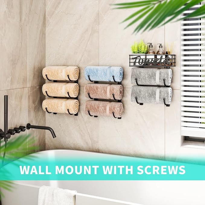 HapiRm Towel Racks for Bathroom Storage - 9 Tier Over The Door & Wall Mount Rolled Towel Storage Organizer Holder with Metal Shelf Basket for Small Bathroom, Camper, Rv - Black, Patented