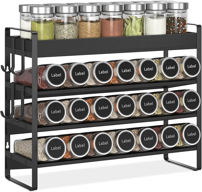 EsLuker.ly Spice Seasoning Rack Organizer Kitchen Countertop, 4 Tier Bamboo | Shelf Holder Storage with 4 Hooks, Wall Mounted Freestanding Stand for Pantry, Quick Spice Access(Jars Not Included), Black