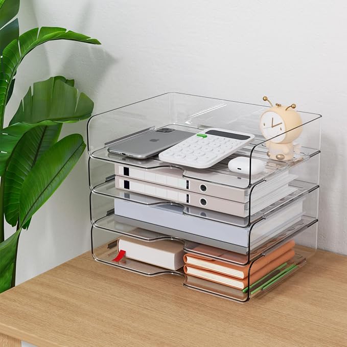 Vivihomety Paper Organizer Letter Tray, 4-Pack Stackable Acrylic, Clear | Stackable, Versatile Desk File Organizer – A4 Paper, Documents, Letters, Books, Bills, iPad – Large Capacity, Home Office