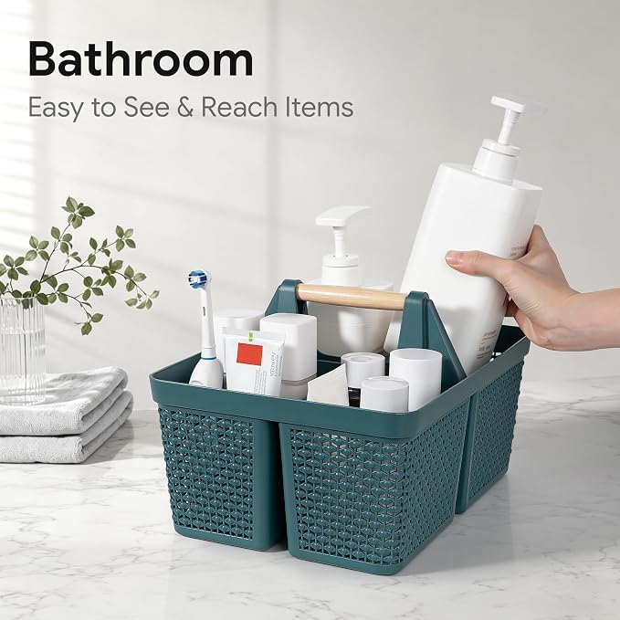 Portable Plastic Shower Caddy Basket with Wooden Handle, Bluish Green | Divided Storage Organizer Tote for Bathroom, Dorm, College, Kitchen & RV – Lightweight, Easy-Carry Essentials Caddy