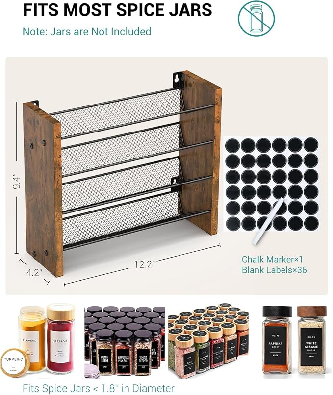 NESAPTO Spice Rack Organizer for Cabinet, Wood 4-Tier Vertical Seasoning Organizer, Wall Mount or Countertop Spice Shelf, Holds 24 Jars (No Jars Included), 12.2" W x 9.4" H