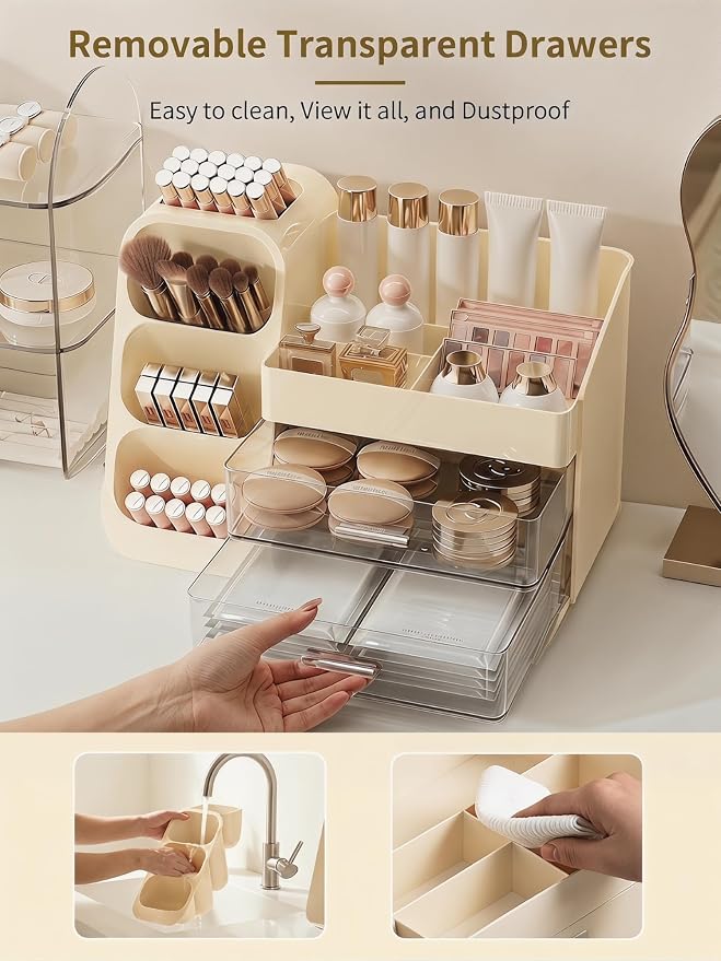 Booklov Large Makeup Organizer for Vanity Countertop, Cream | Clear Acrylic Cosmetic Display Case, Beauty Brush Holder for Bathroom Counter, Make Up Skincare Lipsticks Storage