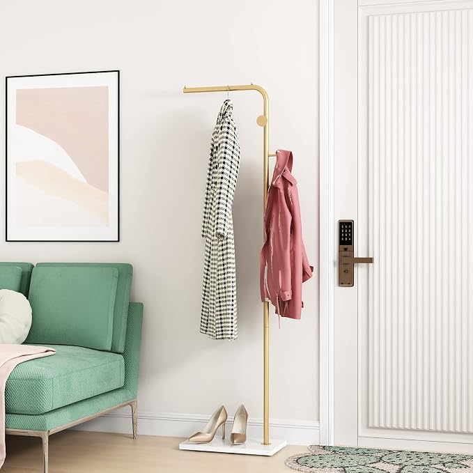 Gold Coat Racks with 3 Hooks, L Shape Coat Hanger Entryway, Freestanding | Metal, Heavy Duty Marble Base, Modern Coat Tree