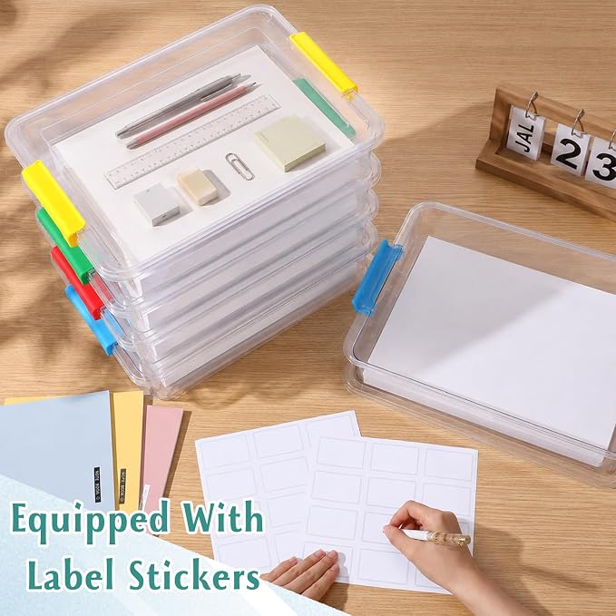 Fullhawl 8 Pcs Thickened Paper Storage Bin with Latching Lid, Label Clear Plastic Stackable Letter Size Tray Storage Container Arts Crafts Classroom Office Home Teacher Sorting (Rainbow)