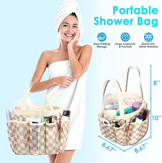 Fammart Mesh Shower Caddy Portable for College Dorm Room Essentials, Odorless Polyester Large Shower Tote Bag with Dual Handles, 8-Pocket Quick-Dry Toiletry Organizer for Travel, Beach, Camping, Gym