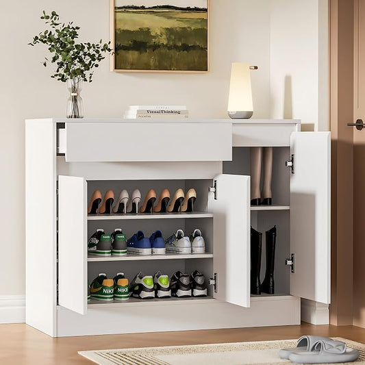 Housoul 39.4" W Shoe Storage Cabinet with 3 Doors & Drawer, White | Freestanding Modern Shoe Cabinet with Drawer & Adjustable Shelves, Wooden Shoe Organizer Cabinet for Entryway, Hallway