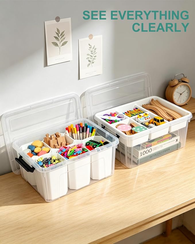 EOENVIVS Clear Storage Tote with 6 Tall Inserts, Stackable craft organizers and storage Box, Plastic Storage Bins with Lids and Handles for Crafts, Jewelry & Sewing, Art Supplies, Markers, Pens