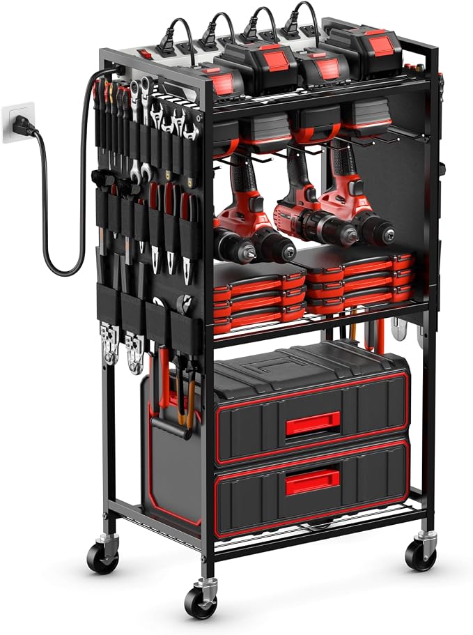 JUNNUJ Power Tool Organizer Cart with Charging Station, 6 FT Cord, Black | Floor Standing, Large Garage Rolling Storage Cart on Wheels, Heavy Duty Drill Battery Storage Rack, with 8 Outlet Power Strip