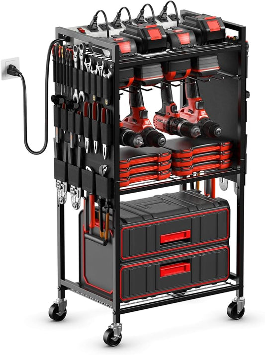 JUNNUJ Power Tool Organizer Cart with Charging Station, 6 FT Cord, Black | Floor Standing, Large Garage Rolling Storage Cart on Wheels, Heavy Duty Drill Battery Storage Rack, with 8 Outlet Power Strip
