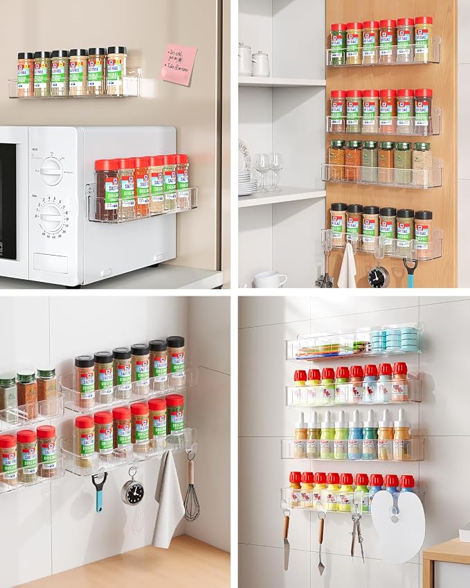 Nieifi Spice Rack Wall Mount, 4 Pack Clear, 2" Depth, Screw/Adhesive | Wall-Mounted with Removable Hooks Saves Counter Space, Fits 2" Deep Jars, Ideal for Kitchen Cabinets, Pantry Doors, and RVs.