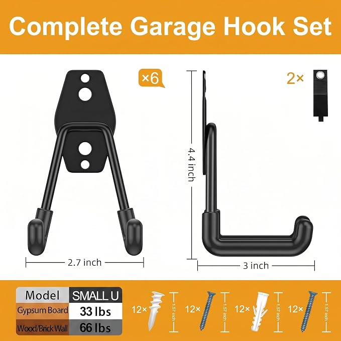 6-Pack Small Square Heavy Duty Garage Hooks, Ideal for Hanging Ladders, Bikes, Tools, Garage, Garden, Basement, Shed, Utility Room Storage (Black)
