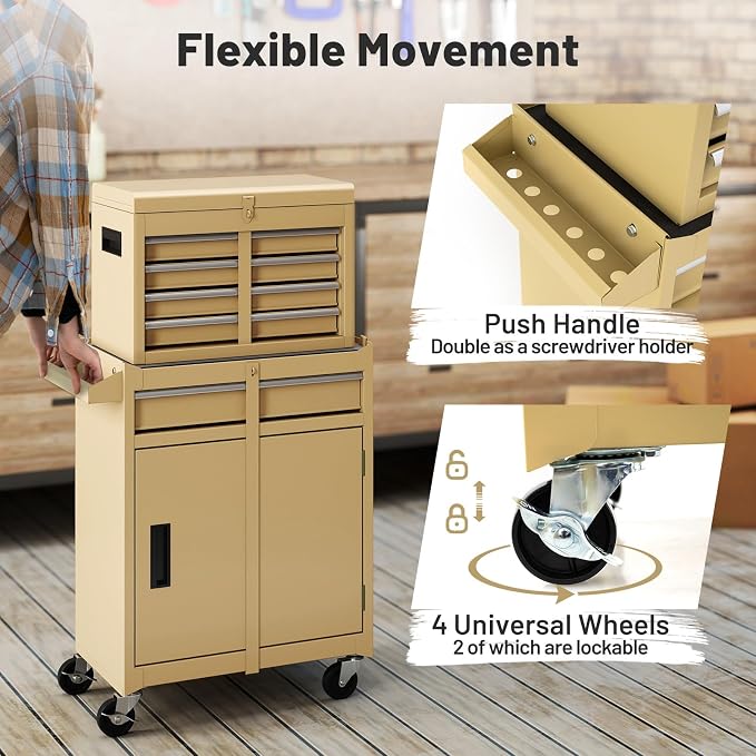 Goplus Tool Chest, 5 Drawers Rolling Tool Cabinet with Detachable Top Toolbox, Universal Lockable Wheels, Lock Bar, Protective Liner & Tool Rack, Metal Tool Storage Cart, Tool Box for Garage Workshop