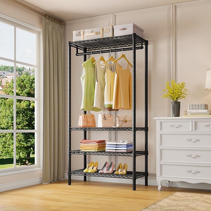 VIPEK V1 Medium Portable Garment Racks for Bedroom/Apartments/Dorms, Black | Heavy Duty Clothes Rack with 4 Tiers Adjustable Shelves & Hanging Rod, for Laundry Room/ Entry Closet, 440lbs Capacity