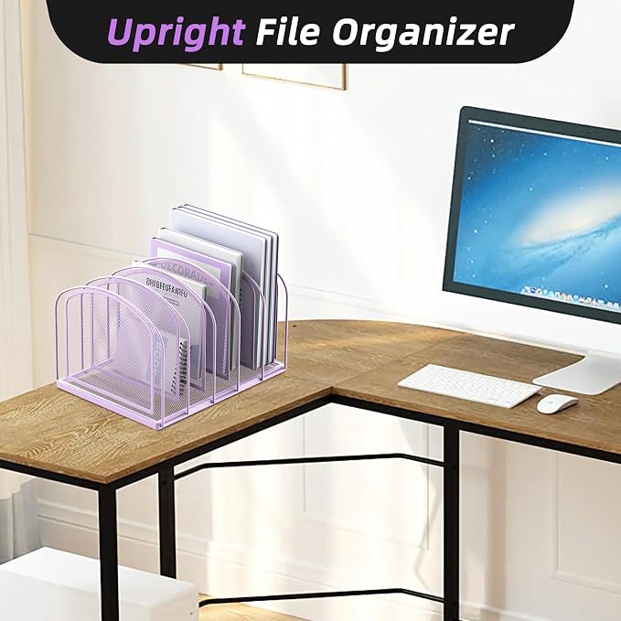 SUPEASY File Organizer 5-Section Mesh Desk Organizer, Upright File Organizer Desktop Organizer File Sorter, File Folder Holder for Office Supplies, Purple | 5 Vertical Compartments with Sturdy Metal Base for Office Documents Books Magazines and Laptop