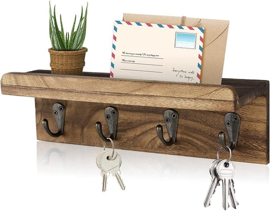 HRONRAD Rustic Key Holder for Wall, Farmhouse Wall Shelf with 4 Hooks, Wall Mounted Key Racks, Wooden Mail Organizer with Hooks for Entryway (Brown)