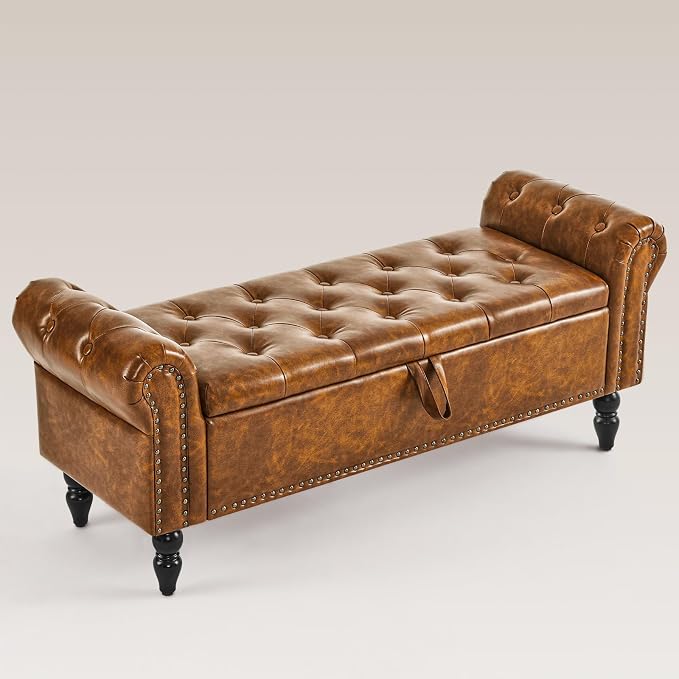 Furnimart Storage Bedroom Bench for End of Bed, Faux Leather Upholstered Storage Ottoman with Rolled Arms for Bedroom,Living Room, Entryway, 2.5Cubic Feet