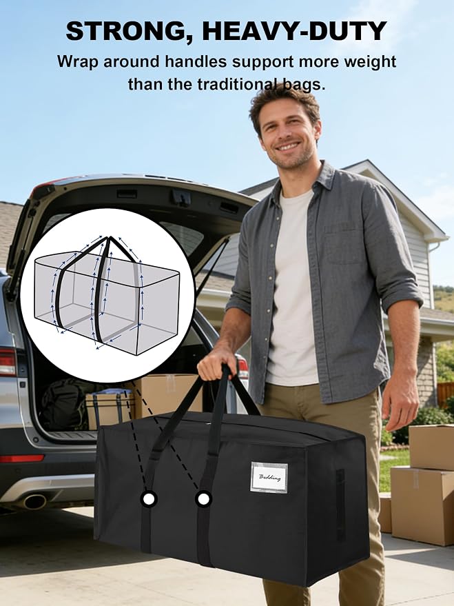 HOMESURE Supports 200lbs Heavy Duty Moving Bags - Strong Zipper & Wrap-Around Handles - Water-Resistant Storage Totes, Durable Alternative to Moving Boxes - 4 Pack - Black
