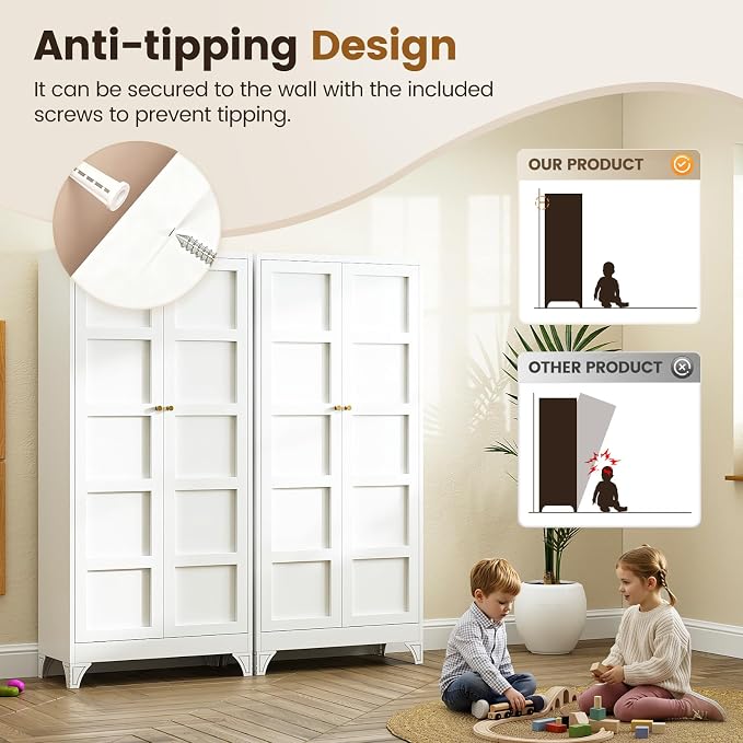 Yizosh Metal Storage Cabinet with 2 Doors and 4 Adjustable Shelves,- 71" White Kitchen Pantry Storage Cabinet for Kitchen,Dining Room,Living Room