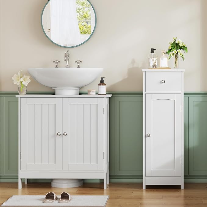 Iwell Bathroom Floor Cabinet | Small Bathroom Storage Cabinet with Drawer & Storage Shelf, Free-Standing Organizer Cabinets for Hallway/Living Room, White