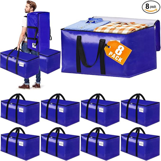 8-Pack Moving Bags with Backpack Straps & Carry Handles, 20 Gallons-76 L Heavy Duty Storage Totes for Space Saving, Foldable Storage Bags for College Dorm, Travel, Camping (Blue)