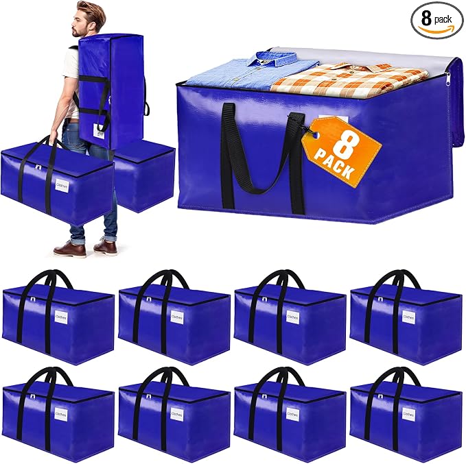 8-Pack Moving Bags with Backpack Straps & Carry Handles, 25 Gallons-93 L Heavy Duty Storage Totes for Space Saving, Foldable Storage Bags for College Dorm, Travel, Camping (Blue)