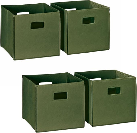 RiverRidge Folding Storage Bins - 4-pack of 10in Tall Olive Cubes | Fabric Bins, Set of 4 Storage Cubes, Cut-out Handles, Playroom Closet Organizer, Collapsible Cubby with Bottom Board Insert