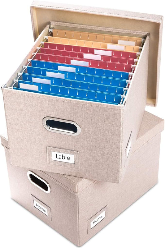 File Organizer Box - Set of 2 Collapsible Decorative Linen Filing Storage Hanging File Folders with Lids Office Cabinet Letter/Legal Size Light Grey (17x14x11.2 inch)