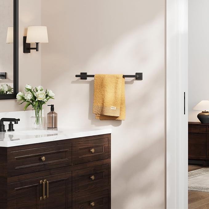 Matte Black Towel Bar, 18 Inch Towel Racks for Bathroom | Thicken 304 Stainless Steel Towel Holder with Square Base, Towel Rod Wall Mounted, Modern Home Decor (Total Length 20 Inch)