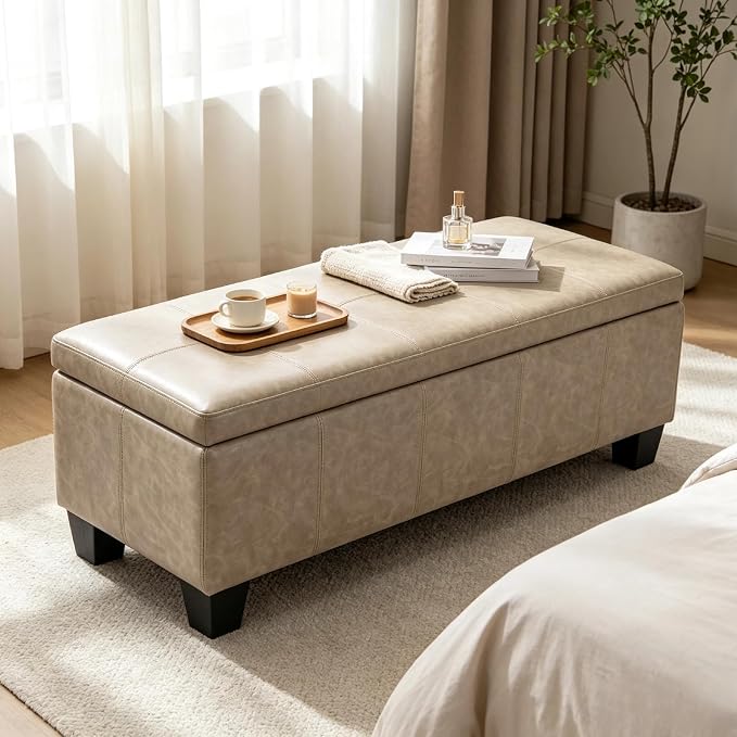 41.5 Inch Light Gray Faux Leather Storage Ottoman Bench for Small Spaces | 2.8 cu ft storage capacity,660 lbs weight limit,solid wood legs,fits modern nordic home decor