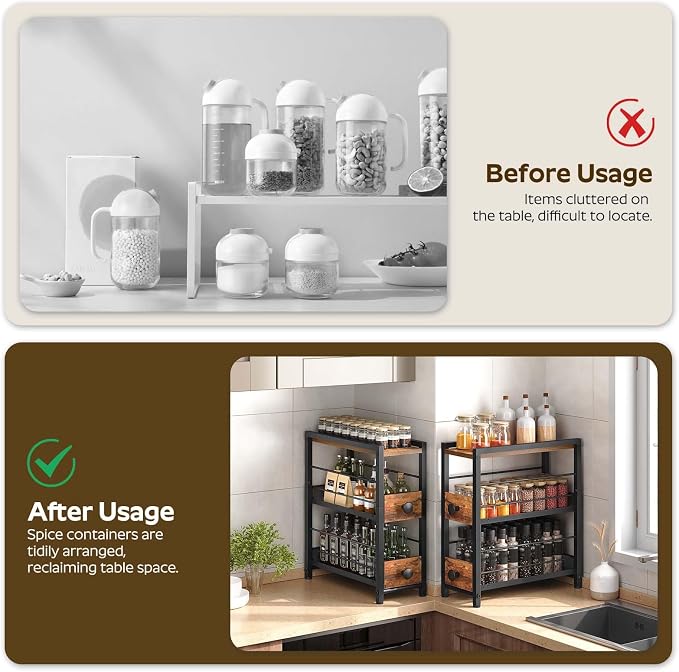 Spice Rack, 3-Tier Pull Out Spice Rack Organizer for Countertop, Narrow Kitchen Countertop Storage Shelf with 2 Drawers, for Kitchen, Cafe, Rustic Brown and Black SR02BR