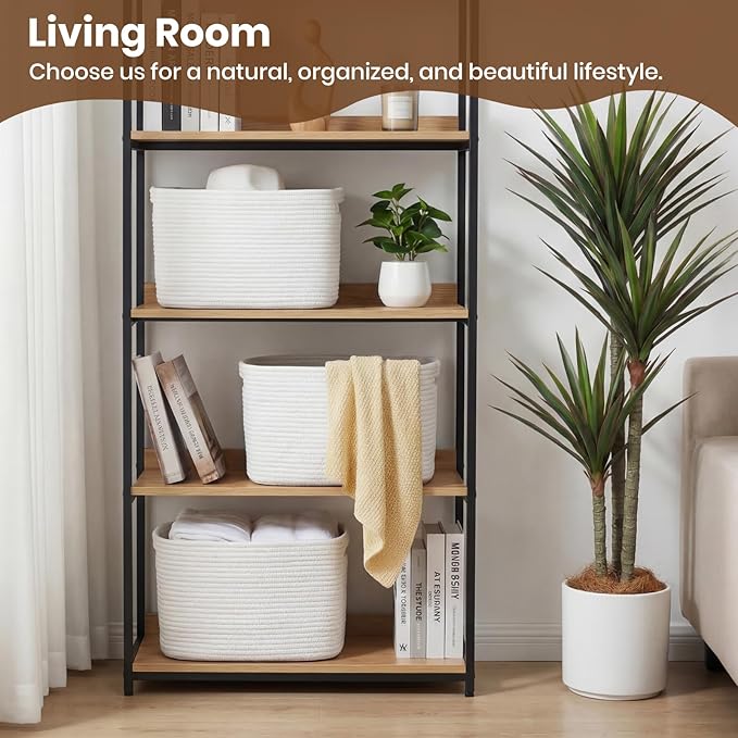Storage Baskets for Organizing, 14 x 10 x 9” Closet Shelf Woven Baskets, Square Bins with Handles, Cotton Rope Basket for Clothes, Office, Room, White 1 Pack