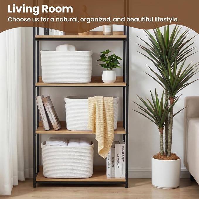 Storage Baskets for Organizing, 14 x 10 x 9” Closet Shelf Woven Baskets, Square Bins with Handles, Cotton Rope Basket for Clothes, Office, Room, White 3 Pack