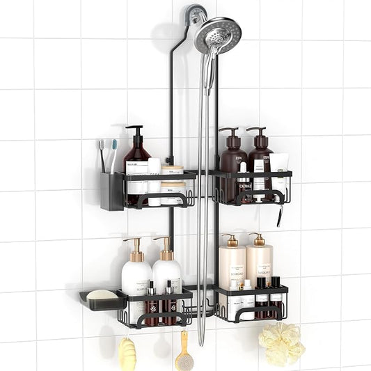 REINHARDT Split Shower Caddy Hanging for Handheld Showerheads, Black | Adjustable Shower Organizer, Rustproof, 16 Hooks, Soap Holder, 40lbs Capacity, Anti-Slip, Tool-Free, Bathroom Accessories