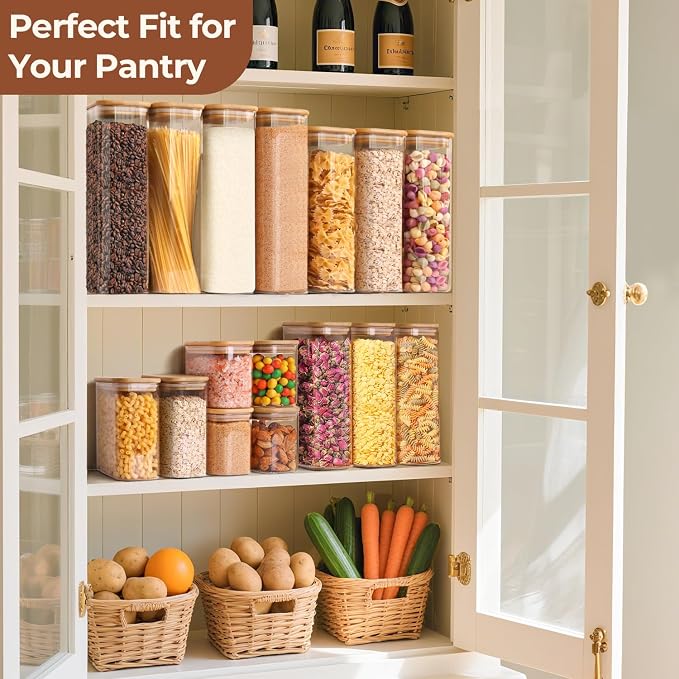 ComSaf Pasta Containers Storage 2.2 Qt, Set of 3 Tall Glass Spaghetti Jar | Rectangle Kitchen Canisters, 11.3-Inch Tall Jars,Pantry Organizers, Dry Food Storage Containers 70oz, Flour, Cereal, BPA Free