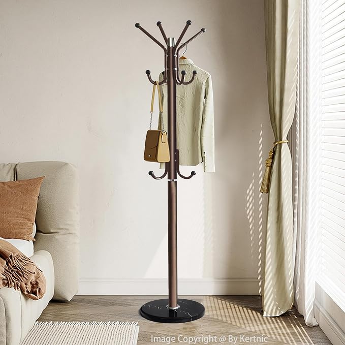 Kertnic Modern Coat Rack Freestanding with Natural Marble Base & Sturdy Metal Frame, 11 Hooks Hall Tree for Jackets, Hats, Bags, Entryway Organizer for Bedroom, Living Room, Closet (11 hooks-Bronze)