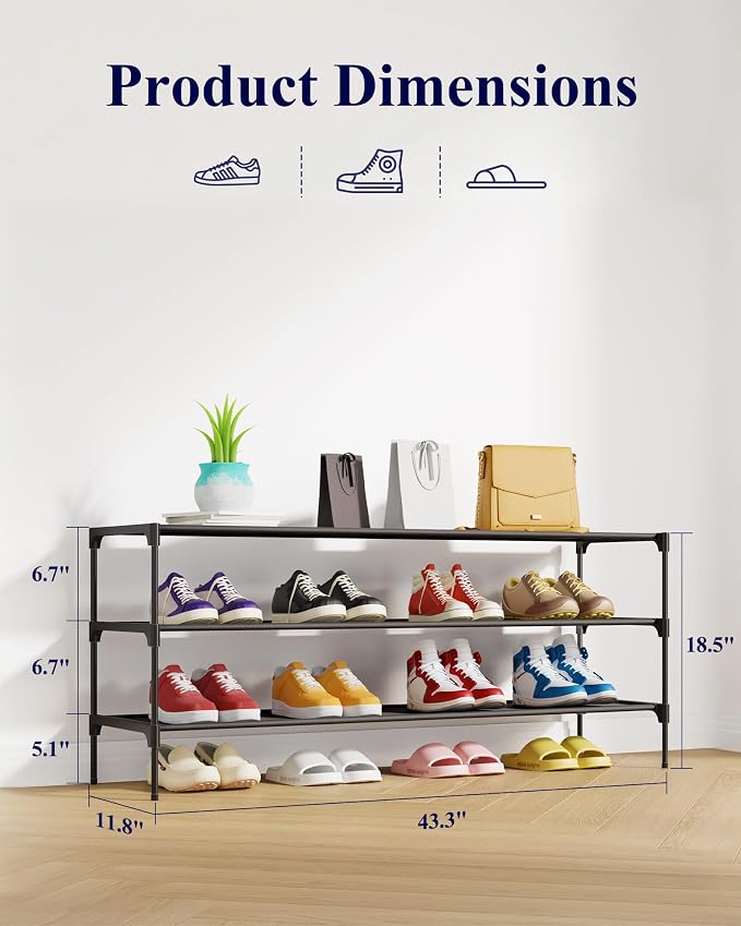 Kitsure Shoe Rack - Non-Woven Shoe Rack Shelf, 43.3" Wide - 3 Tier, Black | Shoe Organizer for Closet, Entryway, Garage, Stackable Shoe Shelves, college dorm&apartment essentials