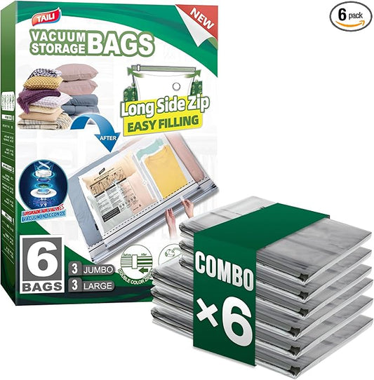 TAILI 6 Pack Vacuum Storage Bags, 2 Size Combo(3 Large+3 Jumbo), Clear | LONG SIDE ZIP Vacuum Seal Bags for Clothing, Space Saver for Beddings, Comforters, Blankets, Pillows