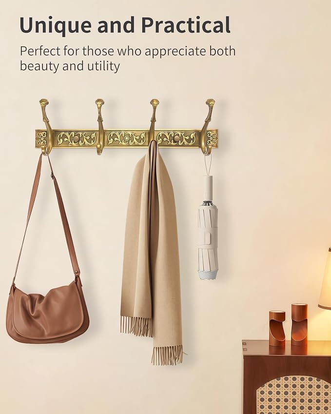 Vintage Coat Rack Wall Mount, Decorative Wall Coat Rack with 4 Hooks for Hanging Key Purse Hat Robe Towel Clothes Unique Hanger for Bathroom Shower Entryway Antique Brass 2 Pack
