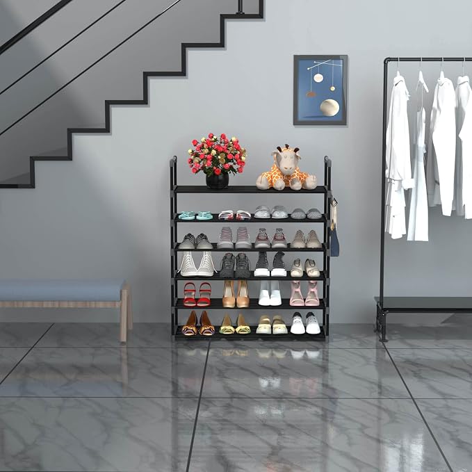 Hsscblet 6 Tiers Metal Shoe Rack,Adjustable Shoe Shelf Storage Organizer with Hooks,Stackable Boot & Shoe Storage,for Entryway,Hallway,Closet,Black